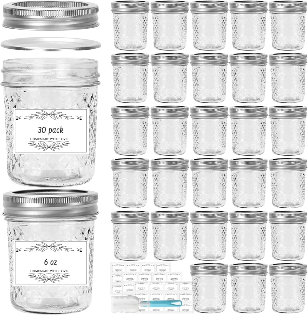 6 oz Glass Mason Jars, 30 Pack Regular Mouth Glass Canning Jars with Silver Aluminum Lids and Bands, Airtight Jam Jars for Food Storage, Pickling, Fermenting, Honey, Jelly, DIY Candles Decor
