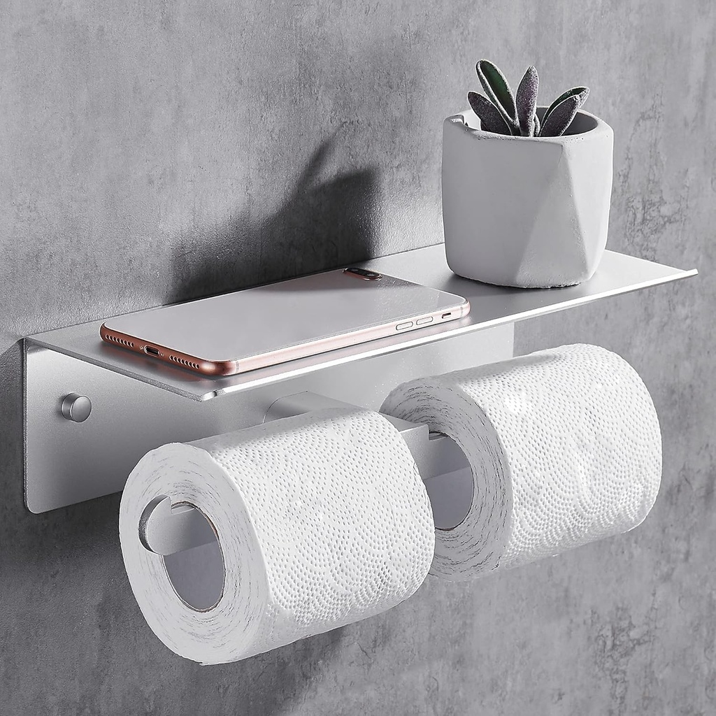 Gricol Double Toilet Paper Holder with Shelf Wall Mount, Dual Self Adhesive Roll Tissue Holder for Mobile Phone Storage, Aluminum Rustproof Commercial Toilet Paper Dispenser
