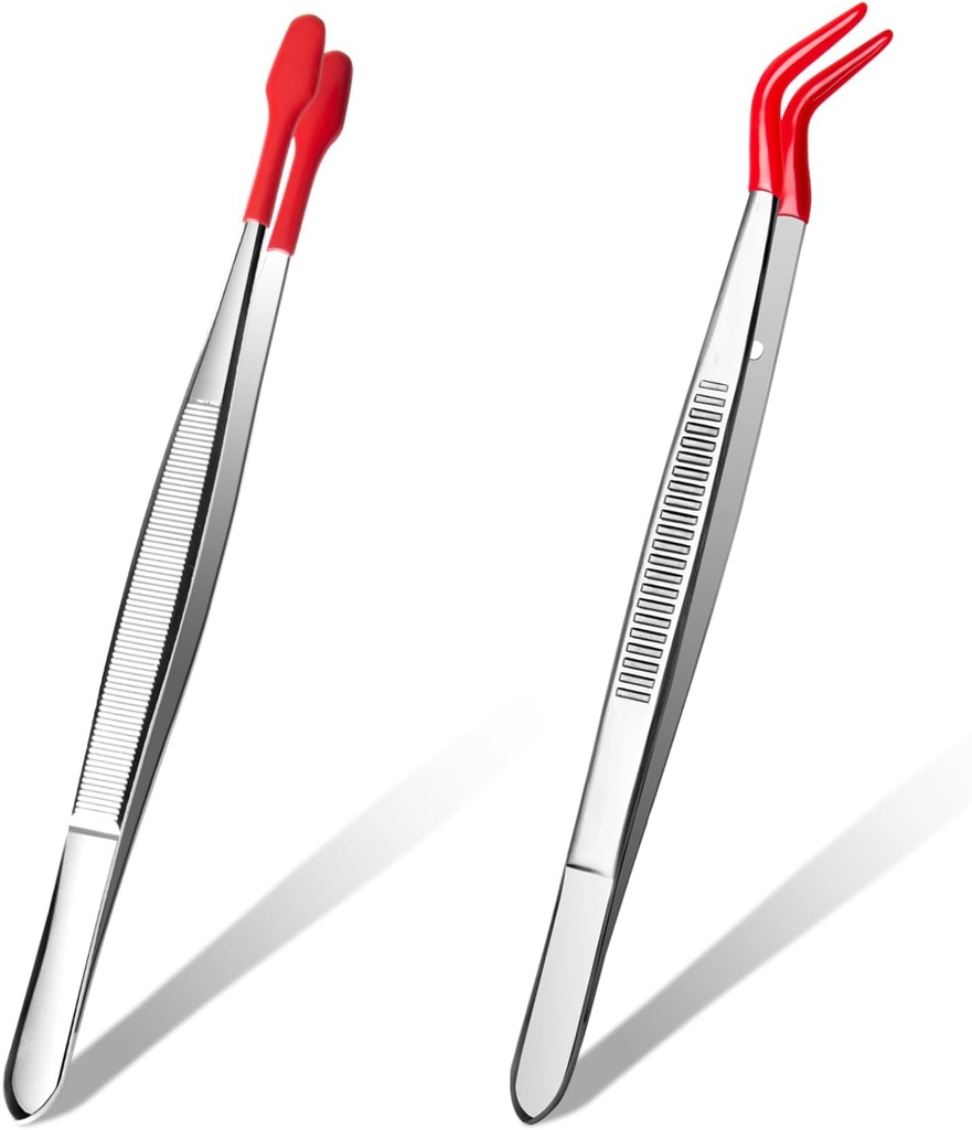 2 Piece Tweezers with Rubber Tips Set, Straight Tip PVC-Coated Precision Tweezers, Rubber Flat Tip Long Bent Tweezers, for Stamps Coins Jewelry Crafts Industrial Electronic Lab