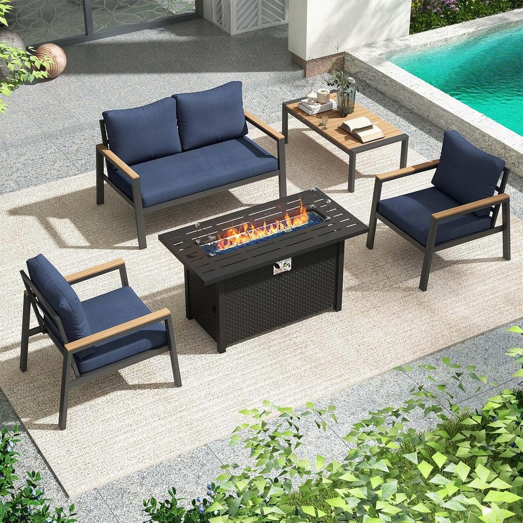 JOIVI Aluminum Outdoor Patio Furniture Set with 45” Fire Pit Table, 5 Pieces Patio Conversation Set with 50000BTU Propane Fire Pit, 4 Seats Outdoor Sectional Sofa Set with Coffee Table, Navy Blue