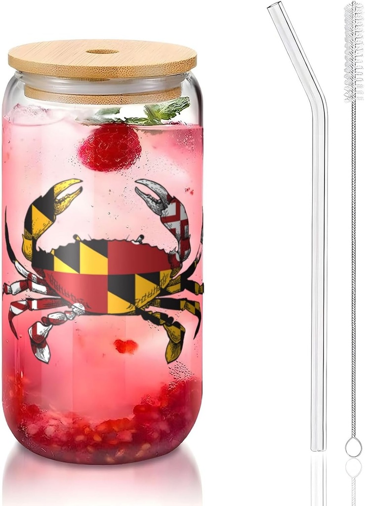 Maryland State Flag Crab 16 Oz Drinking Glasses With Bamboo Lids,Glass Straw And Cleaning Brushes Glass Tea Cup For Iced Coffee,Smoothie,Cocktail,Beer,Whiskey,Soda,Matcha