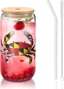 Maryland State Flag Crab 16 Oz Drinking Glasses With Bamboo Lids,Glass Straw And Cleaning Brushes Glass Tea Cup For Iced Coffee,Smoothie,Cocktail,Beer,Whiskey,Soda,Matcha