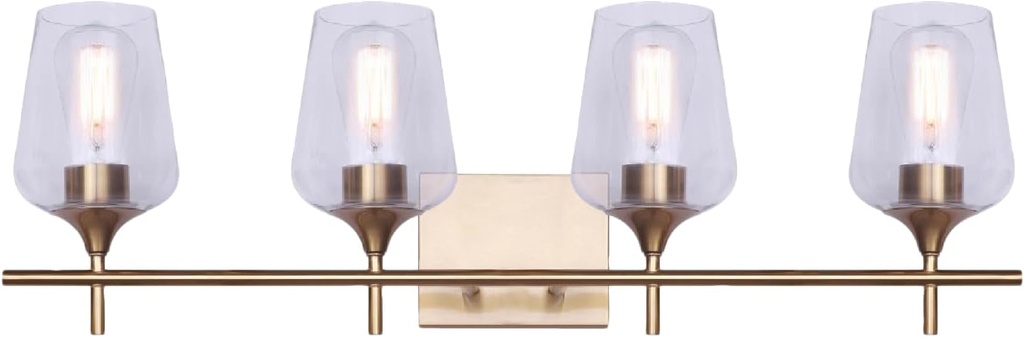 Gabrielle Mid-Century Modern 4-Light Vanity Light Fixture – Gold Finish, Clear Glass Shades, 100W Type A, 32" Wide Bathroom Wall Sconce for Over Mirror