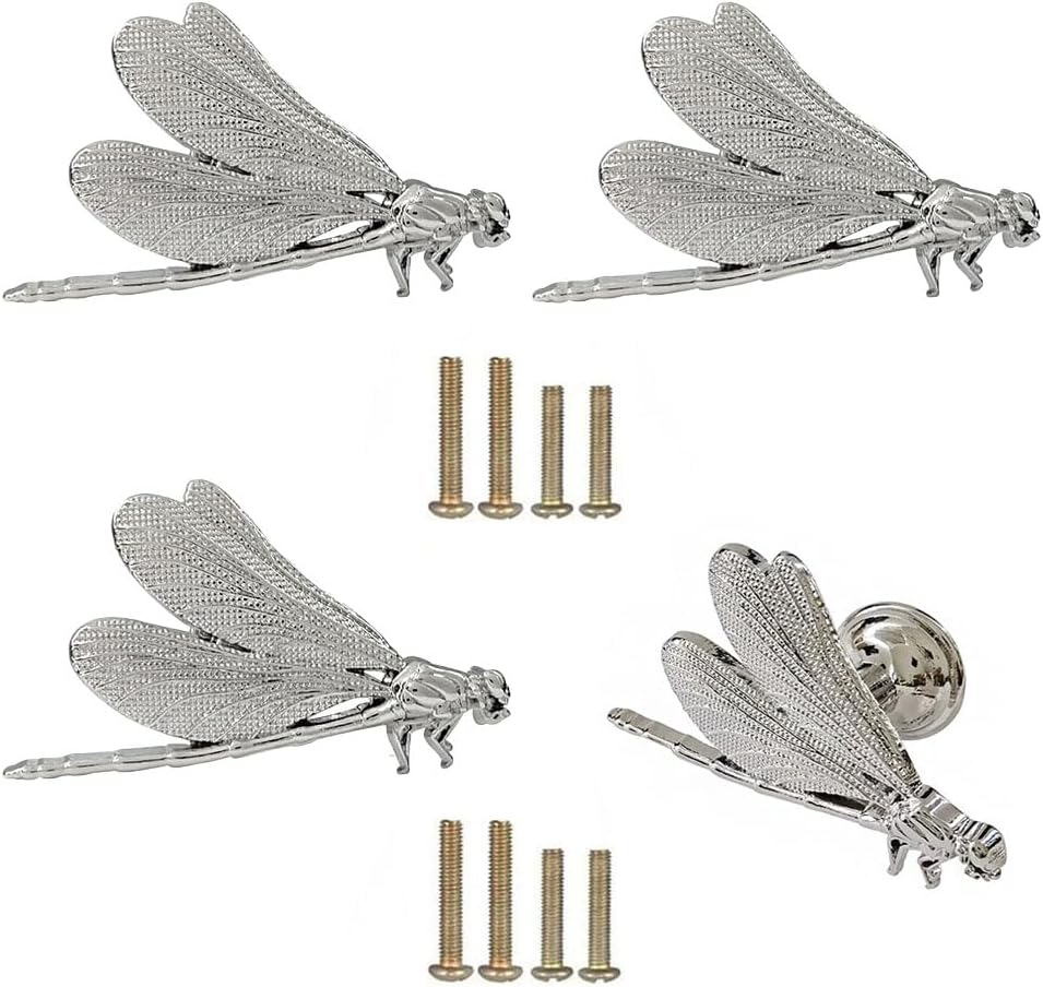 Dragonfly Drawer Knobs 4 Pack, Dragonfly Cabinet Knob Handle,Unique Insects Decorative Knob Pull for Dresser, Bookcase, Door, Kitchen Cabinets Furniture Decor Hardware Single Hole (Silver)
