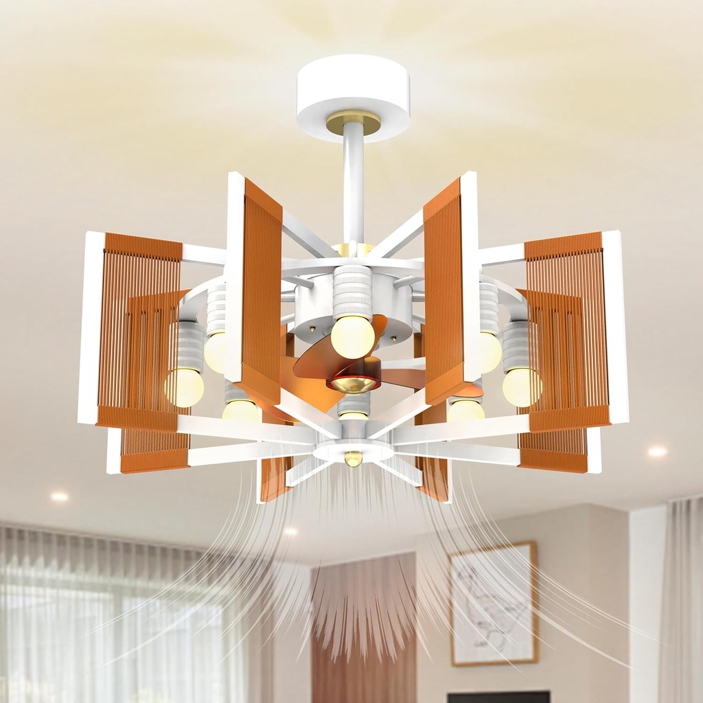 28 inch Boho Rattan Caged Ceiling Fan with Lights, Coastal Chandelier Ceiling Fan with Lights and Remote Control, 8 E26 Bulb Base 6 Speeds for Bedroom, Living Room, Dining Room, White