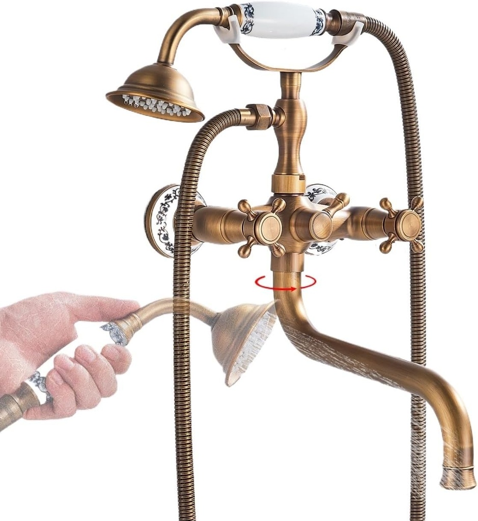 Antique Brass Bathtub Faucet Wall Mounted 30cm Long Swive Spout Bathroom Faucet Dual Handles Holes Hot Cold Mixer Taps(Style A)