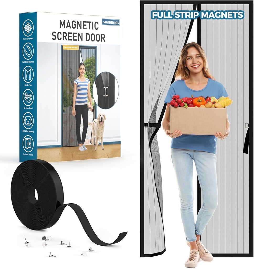 Magnetic Screen Door Full Strip Magnets Fit Door Size 48 x 80 Inch, Door Mesh Size 50" x 81", Heavy Duty Polyester Net for Front Back Door, Stay-Open Option with Buckles, Black