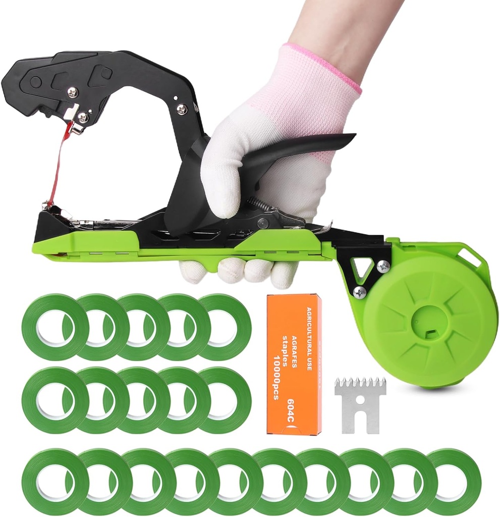 Plant Tying Machine,Plant Vine Tying Machine Tool with 10000pcs Staples 20 Rolls Tape (Green)