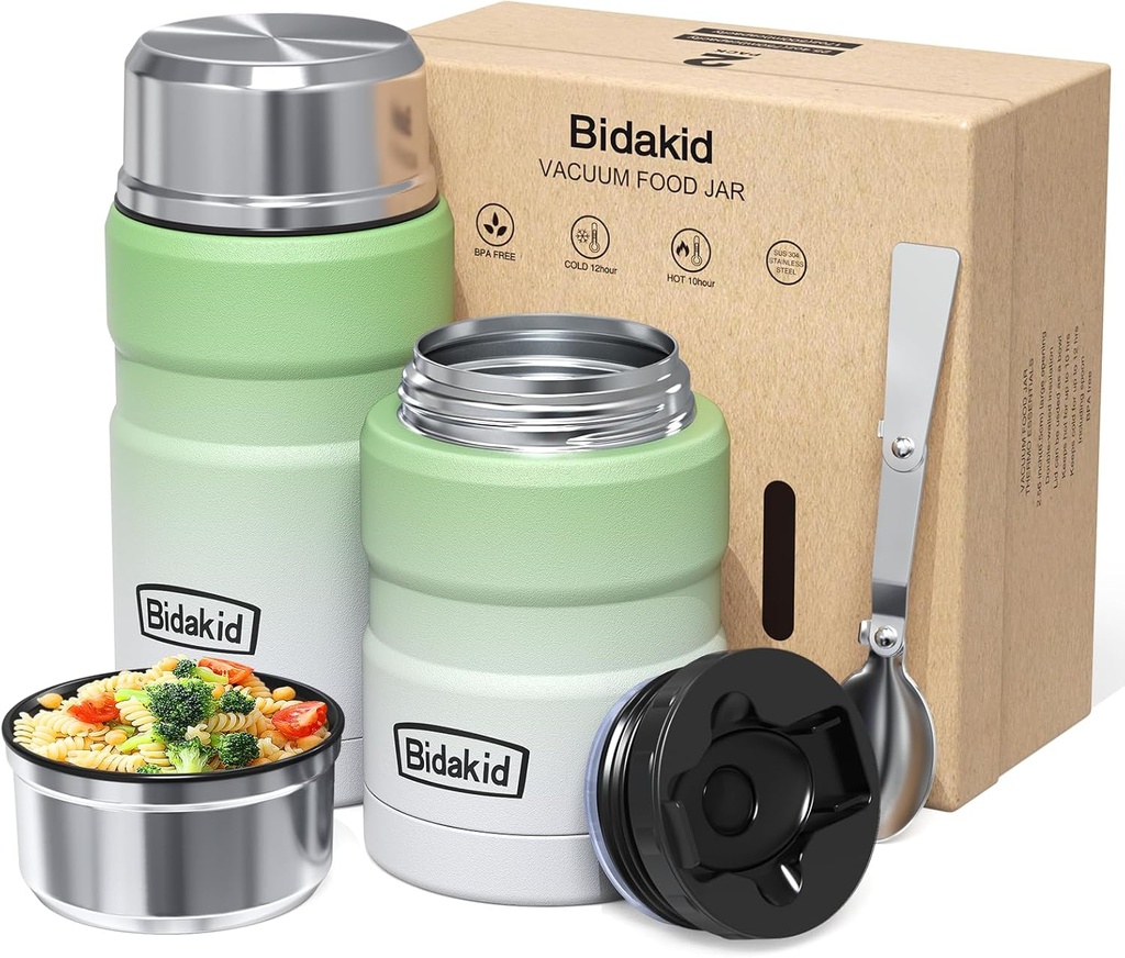 Insulated Food Jar Set – 25.4oz & 17oz Stainless Steel Containers with Folding Spoon and Carrying Bags – Leak-Proof, Keeps Food Hot or Cold for up to 12 Hours – Ideal for Work, School, Travel