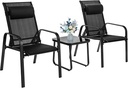 Tangkula 3-Piece Outdoor Bistro Set, Patio Stackable Chairs with Adjustable & Folding Backrest, Removable Headrest and Tempered Glass Coffee Table, Patio Conversation Set with Steel Frame (Black)