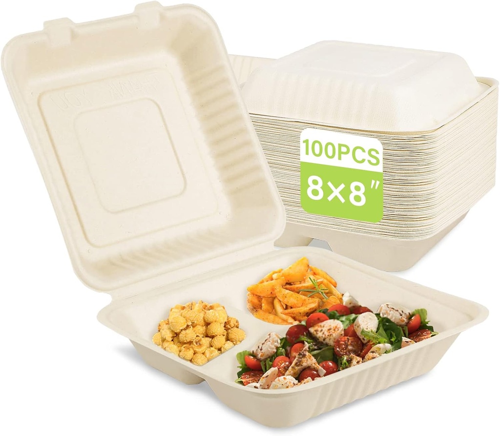 Greensight Compostable Take Out Container 8x8, Disposable To Go Food Boxes With 3 Compartments, Biodegradable Clamshell Container, Eco-Friendly Made From Sugarcane Fibers