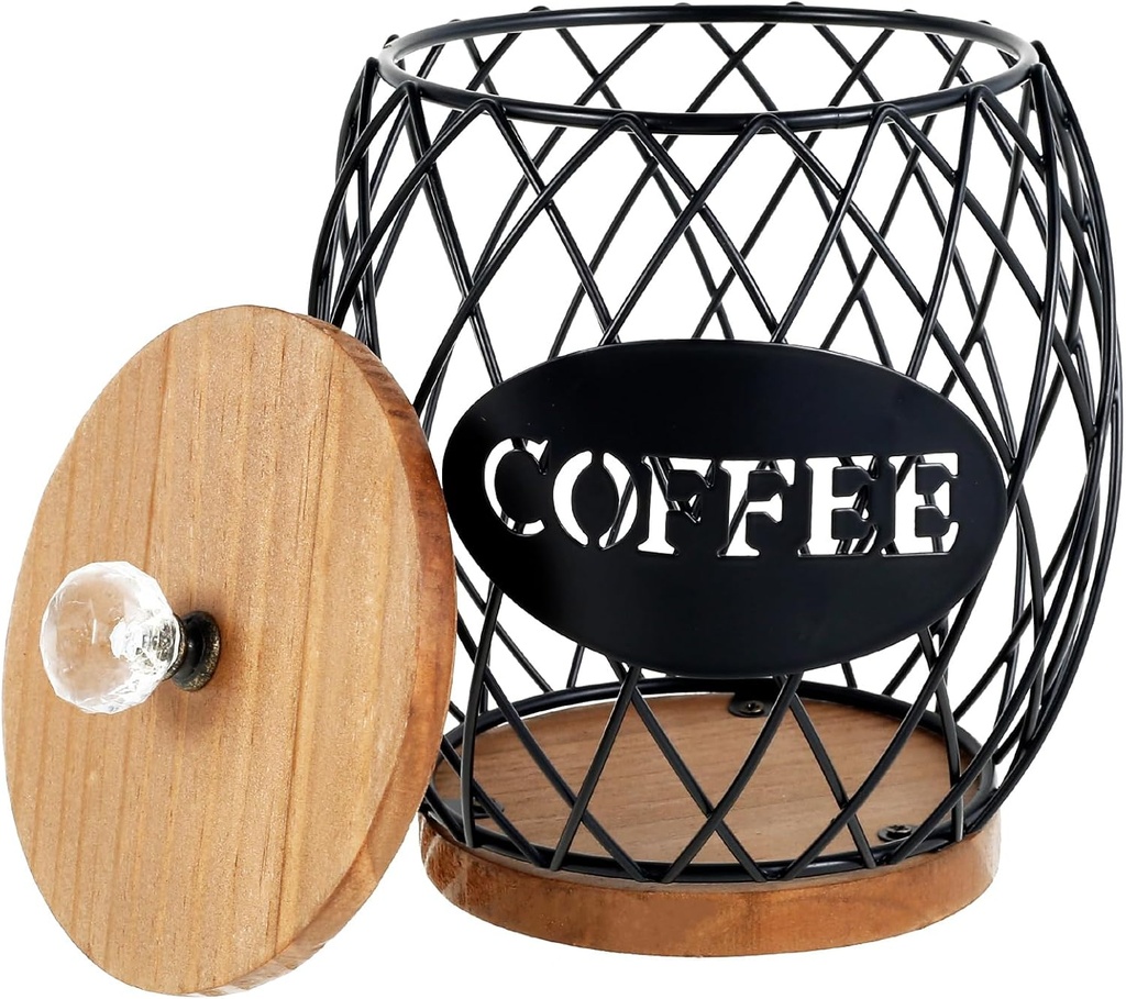 Coffee Pod Basket Holder, Metal Coffee Pod Storage Basket with Dust Cover Hollow Design Large Capacity Modern Decor, Easy to Store Suitable (Black)