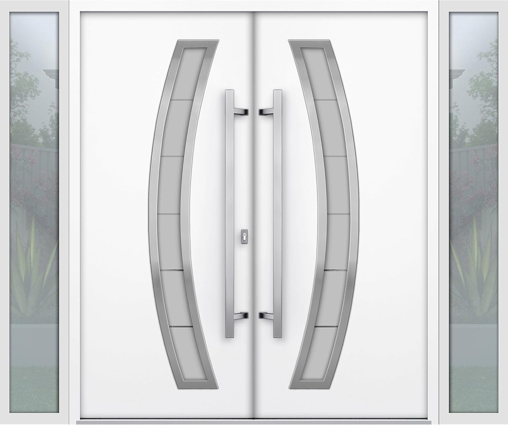 VDOMDOORS Front Exterior Prehung Metal Double Doors/Deux 6500 White Enamel Frosted Glass / 2 Sidelites Exterior Windows/Entry Modern Painted Right Inswing Active Door 100" x 80"