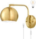 Plug in Dimmable Wall Sconce Swing Arm Wall Lights with Plug in Cord and Dimmer On/Off Knob Switch, Brushed Brass Globe Wall Light for Bedside Bedroom Bathroom(1 Bulb Included)