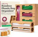 Bamboo Kitchen Storage Bag Organizer, Drawer Organizer with Foil Dispenser, Bamboo Organizer for Sandwich Bags, Plastic Wrap, Baggie and Foil, Premium Kitchen Drawer Organizer