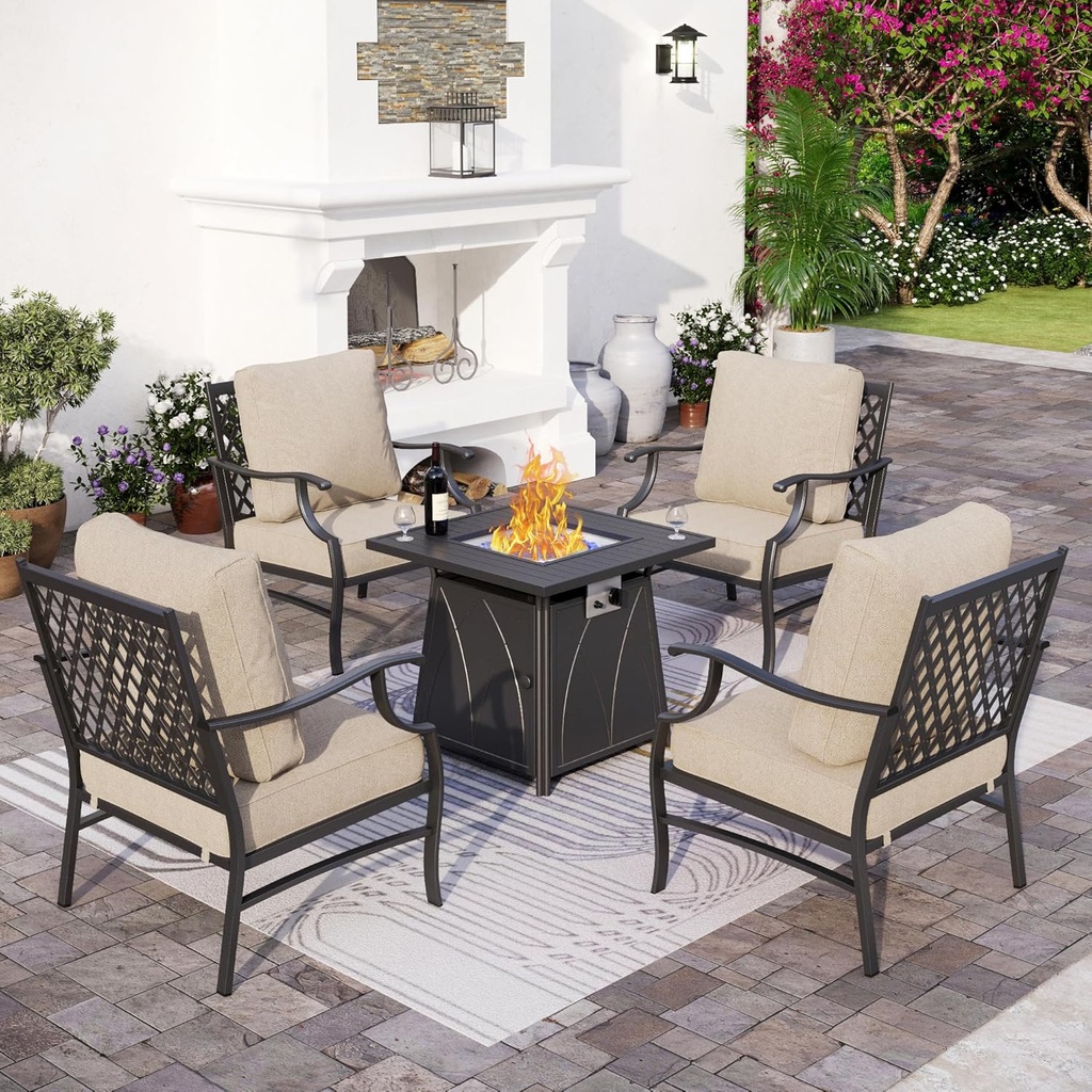 Patio Furniture Set with Firepit Table, 5 Piece Metal Outdoor Patio Furniture set for 4, 4 Single Chairs with 5.75" Extra Thick Cushion and Gas Firepit Table for Backyard Poolside Deck