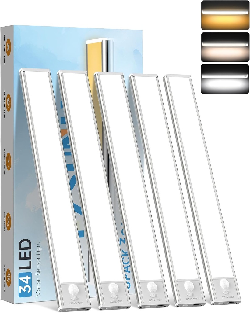 5 Pack Under Cabinet Lighting,Rechargeable Motion Sensor Light Indoor,3 Colors Dimmable,Magnetic Closet Lights,Under Counter Lights for Kitchen