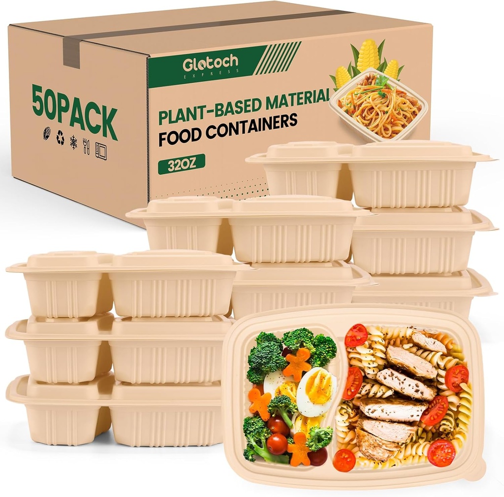 100 Piece (50 Pack) Meal Prep Containers Reusable - 2 Compartment 32 oz Cornstarch Snack Containers with Lids - Plastic Food Storage Salad Containers - To Go Lunch Box - Microwave & Freezer Safe