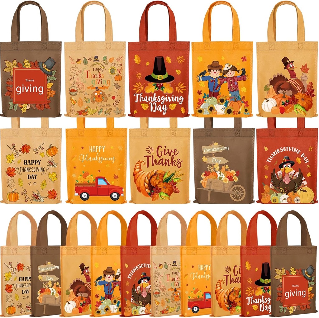 Abbylike 30 Pcs Thanksgiving Day Gift Bags Fall Non Woven Totes Thanksgiving Party Favor Bags with Handle Waterproof Pumpkin Turkey Shopping Totes Reusable Gift Bag for Holiday Party Supplies