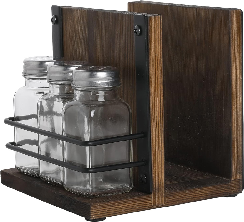 MyGift Napkin Holder with Salt and Pepper Shakers Set, Wood Tabletop Napkin Dispenser with Condiment Organizer and 3 Glass Shakers, Rustic Kitchen Décor