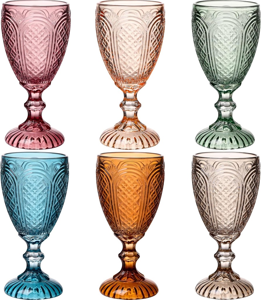 Colored Vintage Wine Glasses Set of 6, 10.5 oz Handcrafted Multicolor Embossed Goblets - Dishwasher Safe Colored Glass for Wedding, Party, Christmas & Everyday Use