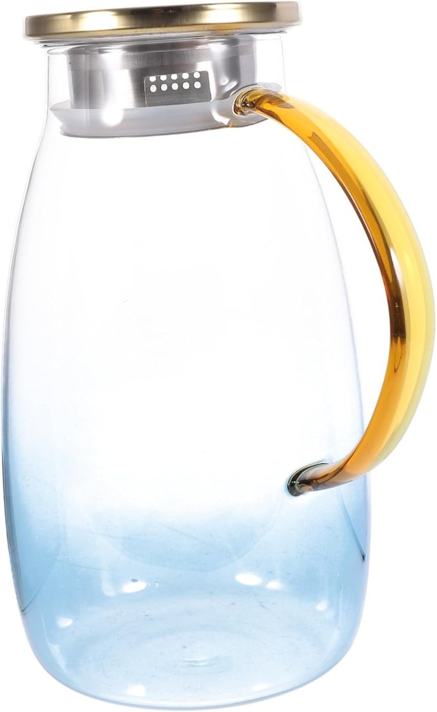 Glass Water Pitcher with Large Handle and Stainless Steel Blue Gradient Cold Water Jug for Iced Tea Juice Coffee Sangria and Hot Beverages