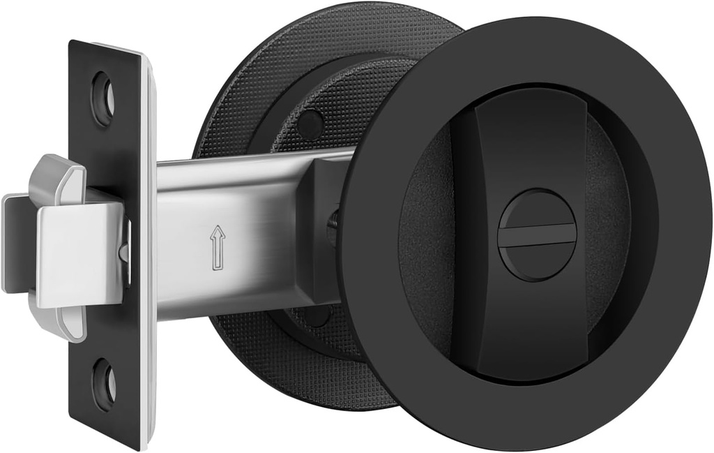 EHOMEWARE 1 Pack Matte Black Pocket Door Lock, Bed/Bath Privacy Pocket Door Hardware, Round Pocket Door Handles for Sliding/Bifold Doors, Flush Pocket Door Latch Without Key