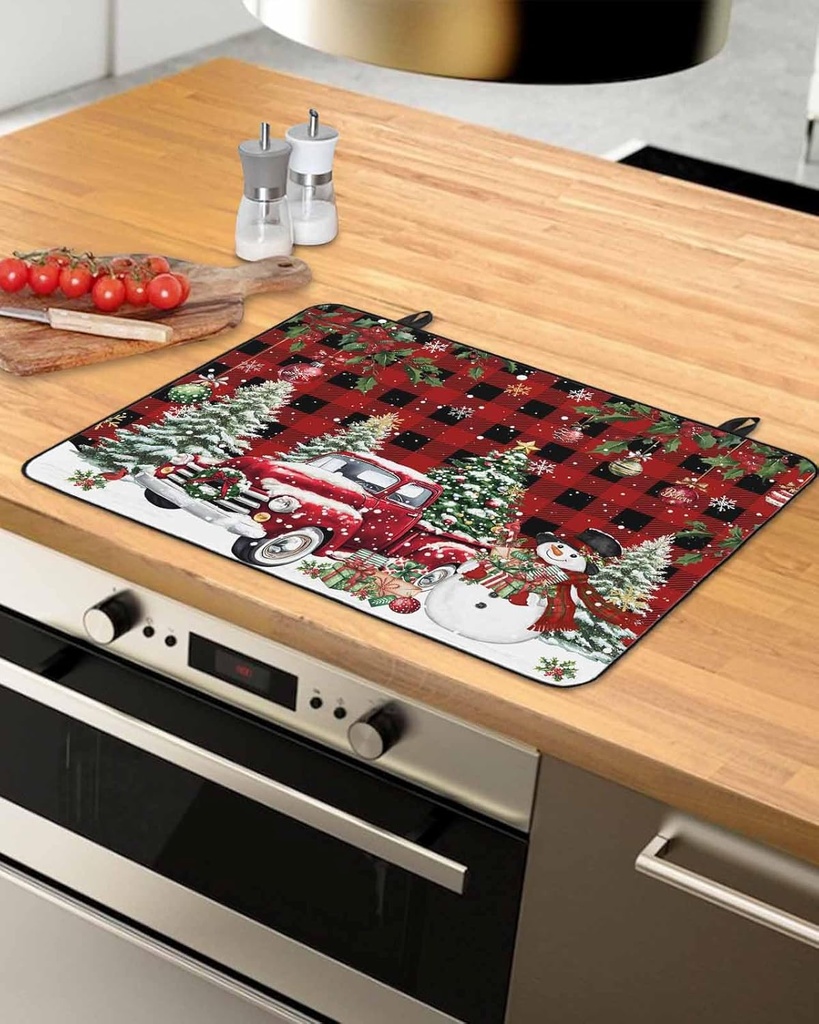 Christmas Countertop Burners Protection Mats for Kitchen, Winter Christmas Truck Snowman Red Plaid Rubber Stove Top Cover Mat, Heat Proof Mats Cooktop Cover for Counter Dish Drying Mat, 31"x24"