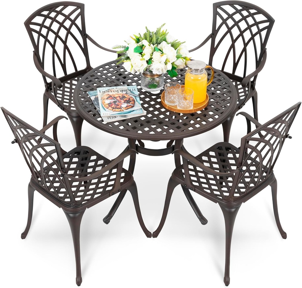 NUU GARDEN 5 Piece Outdoor Patio Dining Set, All-Weather Round Cast Aluminum Dining Table with 1.97" Umbrella Hole and Outdoor Patio Dining Chairs for Patio, Garden, Backyard, Balcony, Bronze