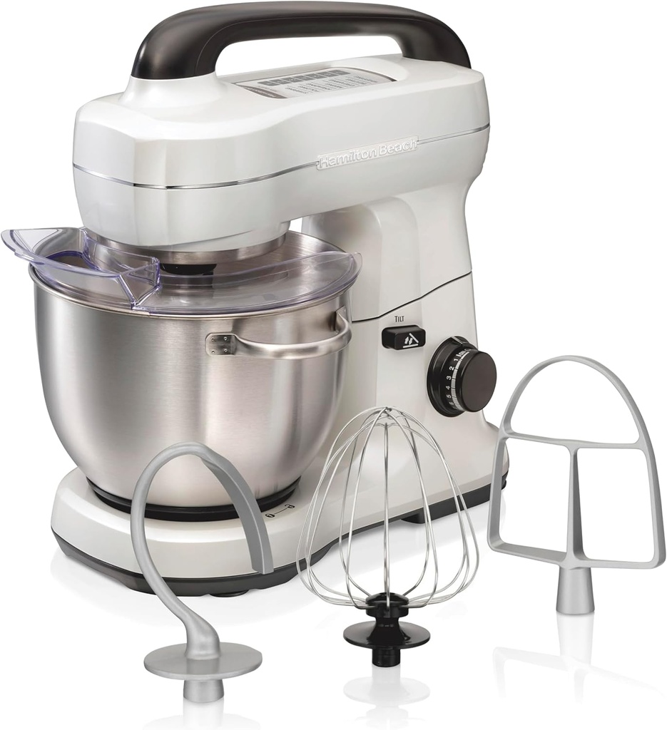 Hamilton Beach Electric Stand Mixer, 4 Quarts, Dough Hook, Flat Beater Attachments, Splash Guard, 7 Speeds with Whisk, Easy-Carry Top Handle, White