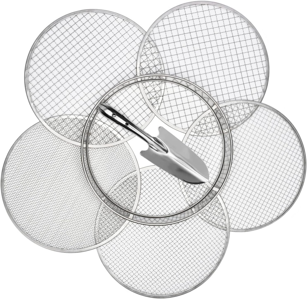 Soil Sieve Garden Potting Riddle Sieve Stainless Steel Soil Sieve Set, With 5 Interchangeable Filter Mesh Sizes 3,6,9,10,12mm and Bonus Spade