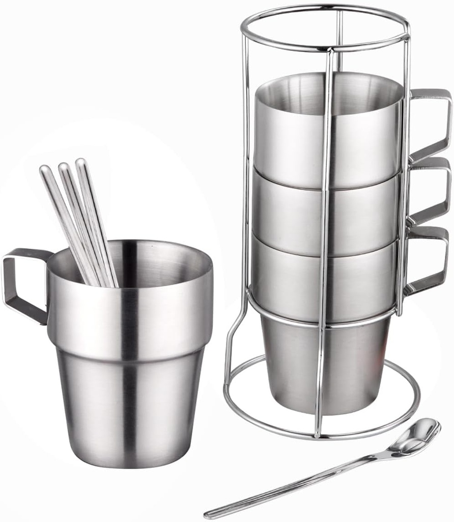 Stainless Steel Coffee Cups with Spoons & Stand, Double Walled Coffee Mug with Insulated Stainless Steel Handle,300ml Cup Stackable Coffee Mug Tea Cups 4pcs
