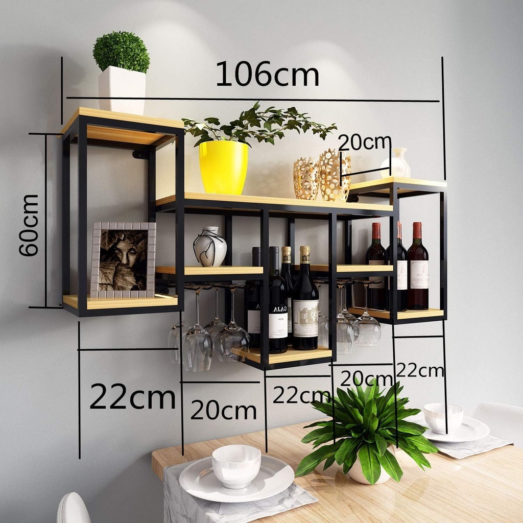 Original Wine Glass Racks Vintage Black Industrial Pipe Wall-Mounted for Wine Bottles & Stemware Glasses Wood Storage Shelf for Kitchen, Dining Room, Bar, Wine Cellar