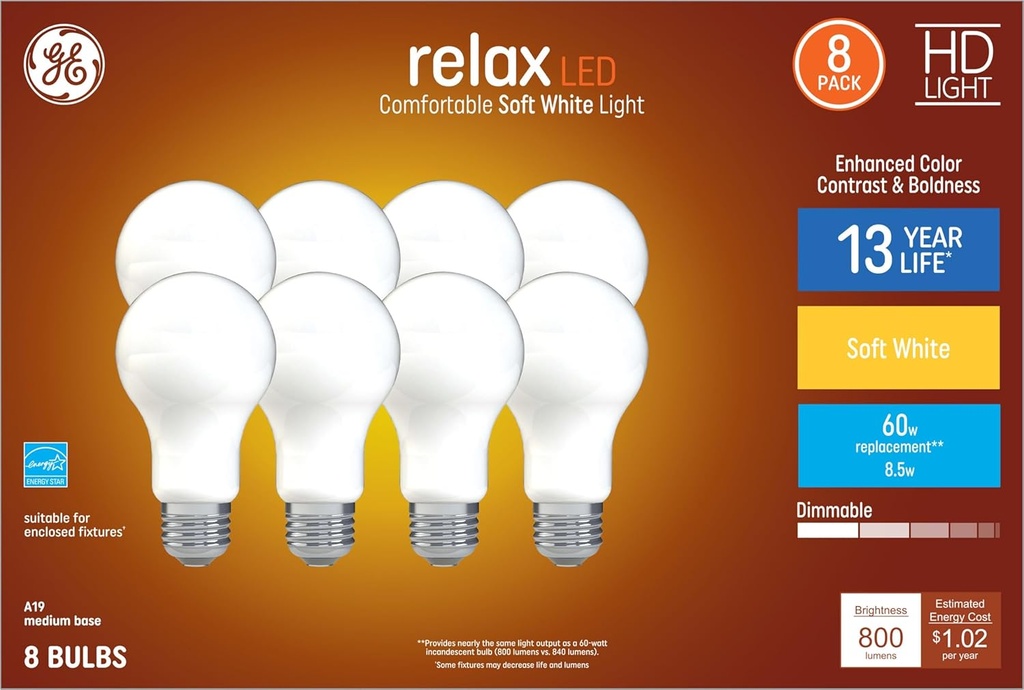 GE Relax 8-Pack 60 W Equivalent Dimmable Soft White A19 LED Light Fixture Light Bulbs