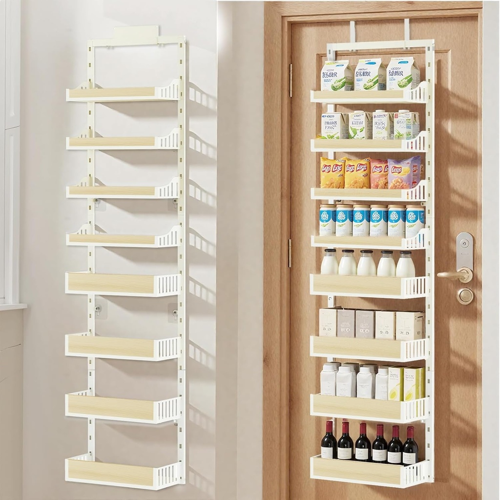 Over the Door Pantry Organizer, 8-Tier Door Organizer Hanging, Spice Rack with Adjustable Baskets, Heavy Duty Door Organizer for Kitchen Storage Metal Hanging for Laundry Bathroom Bedroom, White