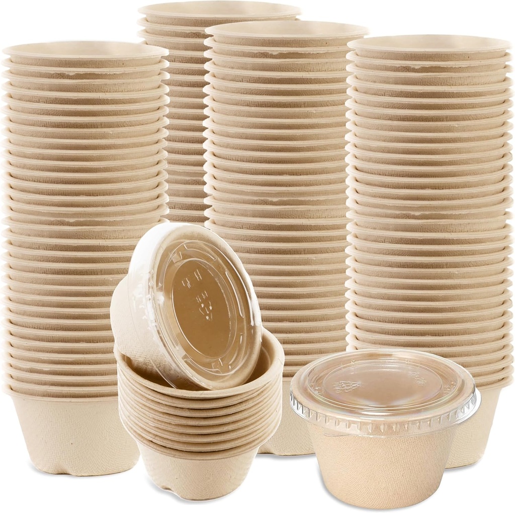 EcoQuality 2 oz Compostable Condiment Souffle Bagasse Cups with Lids - Portion Cup with Lid Sugarcane, Biodegradable Perfect For Sauces, Samples, Condiments, Slime, Jello Shot, Food Storage (50)