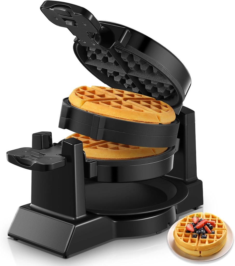 1400W Waffle Maker, Double Belgian Waffle Maker 180°Flip, Waffle Iron 8 Slices, Rotating & Nonstick Plates, Removable Drip Tray for Easy Clean, Locking Buckle & Cool Touch Handle, Black