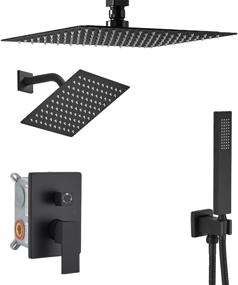 Shower Faucet Set Matte Black Shower System, Knob Switch Diverter Shower Faucet with High Pressure Handheld Spray, Ceiling Mount 10 Inch Shower Head with 6 Inch Wall Mount Shower Head