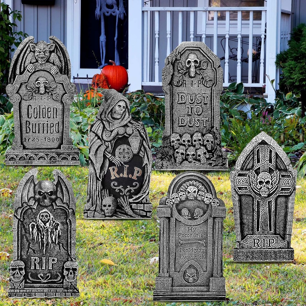 Yerliker 6 Styles 27 Inch Halloween Tombstone Outdoor Decorations Yard Stakes Signs Graveyard Tombstones for Halloween Props Lawn Decorations