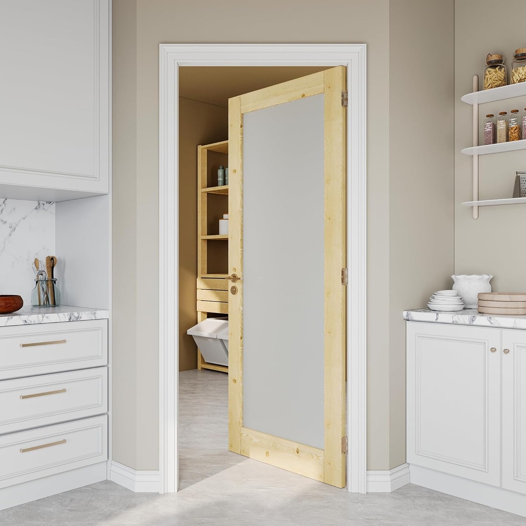 32 x 80 Pine Wood Slab Doors, Frosted Glass Interior French Door Slab, Soild Core & Unfinished Natural Wood Single Panel as Bedroom Pantry Laundry Closet Door Panel, No Assembly Required