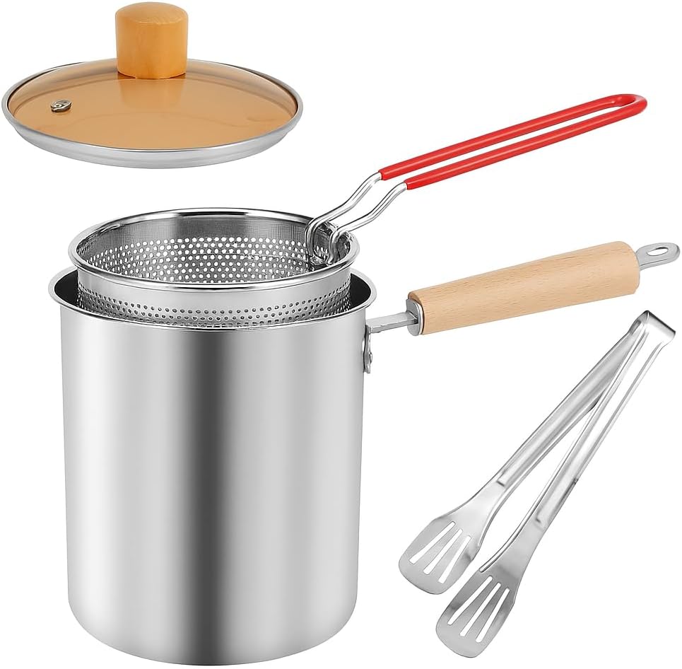 Stainless Steel Oil Strainer Pot With Fry Basket,Small Deep Fryer Pot With Basket And Lid, 3Qt Stovetop Deep Fat Fryer For Tempura Chips, Fries, Fish, Chicken
