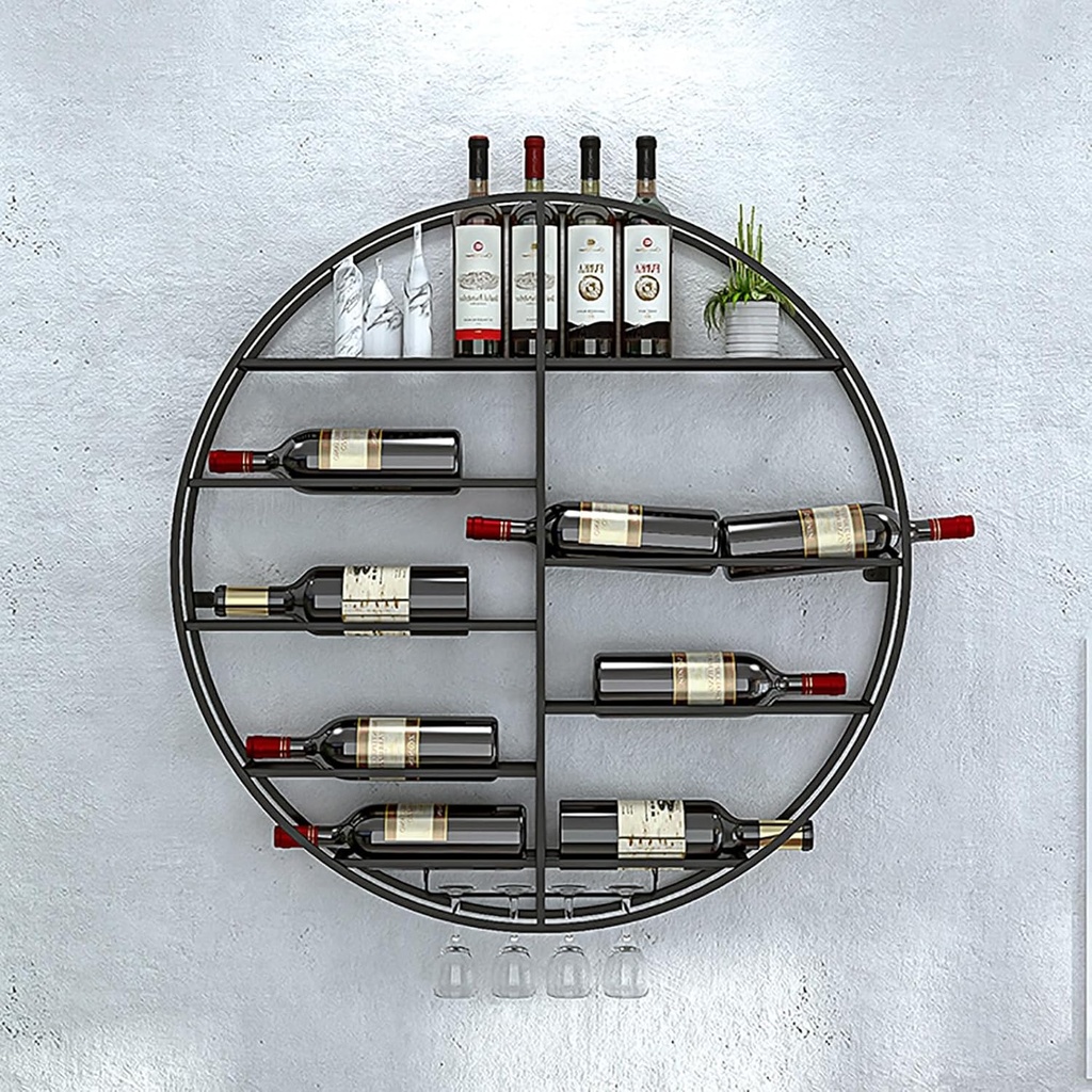 Metal Wall-Mounted Wine Rack,Round Wine Bottle and Stemware Storage Shelf,Hanging Wine Glass Holder,Kitchen Floating Organizer Shelves,Bar Home Decor,Wine Cellar Counter,Black 60CMx11CMx60CM