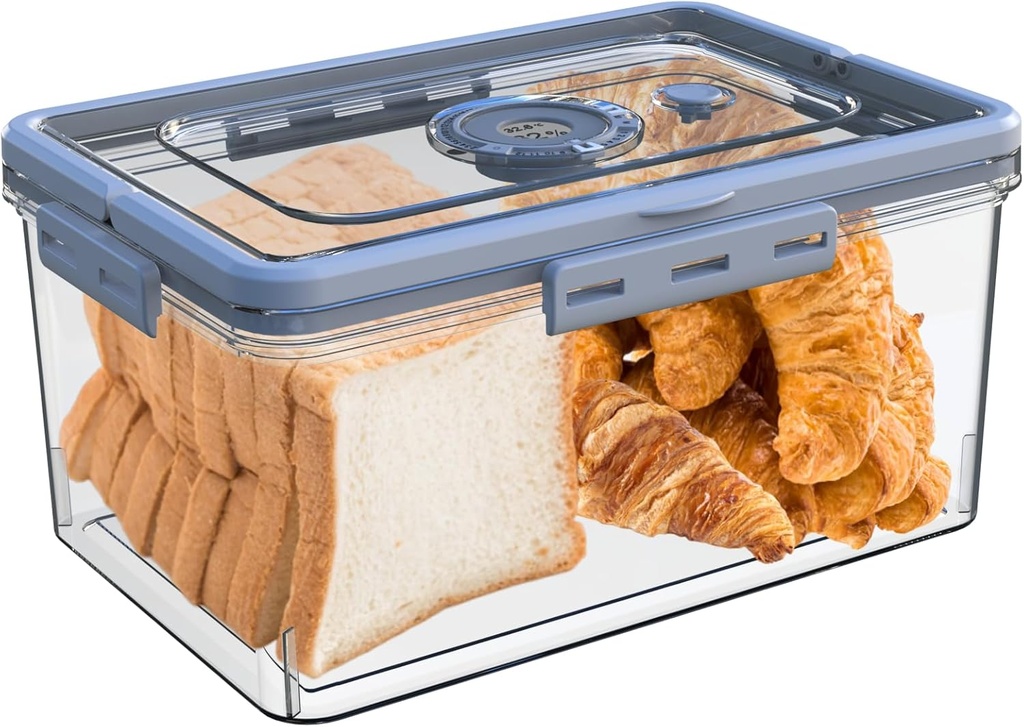 Bread Box With Digital Hygrometer, Portable Bread Boxes with Lid and Handle,New Upgrade Time Recording Bread Storage Container for Homemade Breads,Toast, Bagel, Donut and Cookies(Grey)