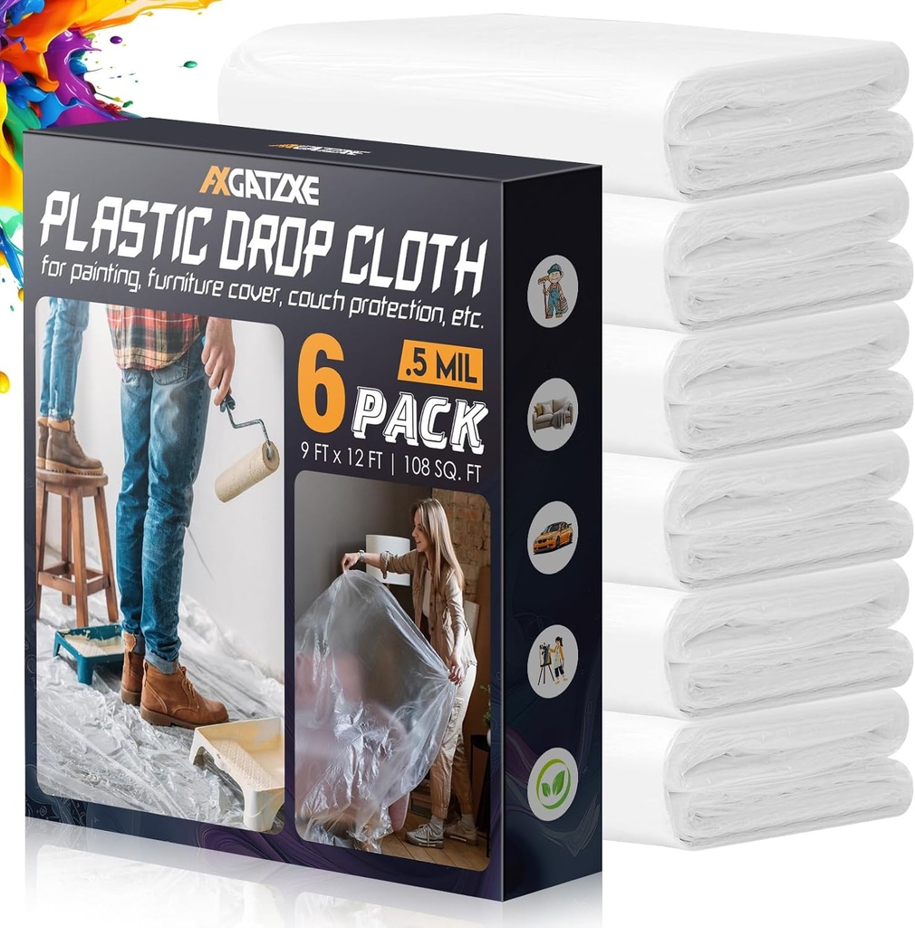 12 x 9 Ft Plastic Drop Cloths (6-Pack) - Disposable Painter's Sheeting & Tarps for Painting, Waterproof Furniture/Couch/Floor Protection