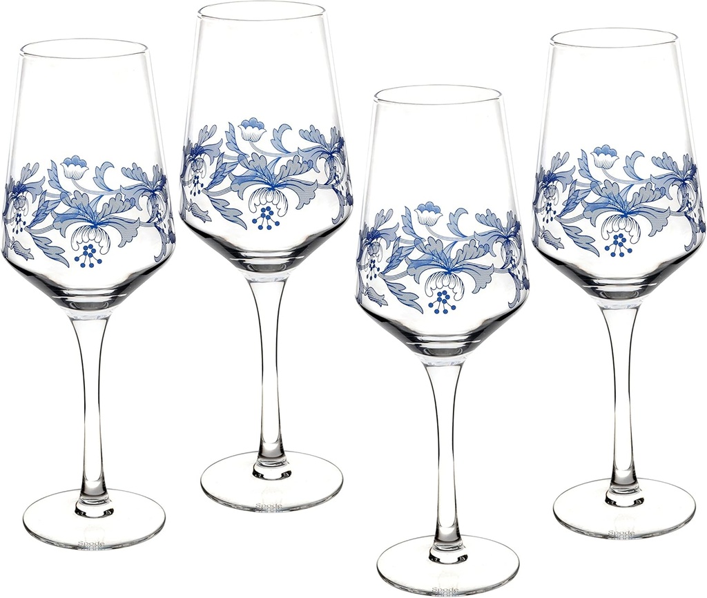 Spode Blue Italian Stemmed Wine Glasses, Set of 4 - 16oz Decorative Goblets with Scroll Rim Detailing & Countryside Scene for Red or White Wine, Dining, Entertaining - Great Mother's Day Gift