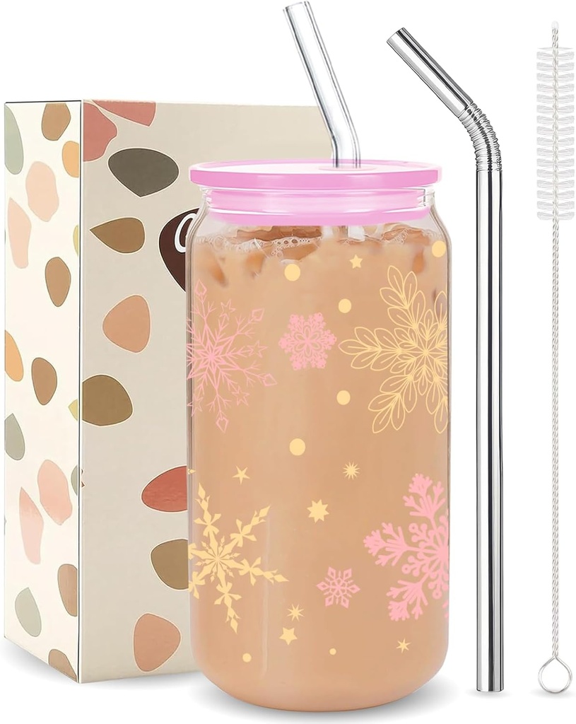 Kihraw Snowflake Glasses Cups Winter Stemless Drinking Glasses Snowflake Glass Holiday Tumbler Cups Gifts for Winter Xmas Coffee Tea Party Supplies Iced Coffee Cup with 2 Straw Cleaning Brush