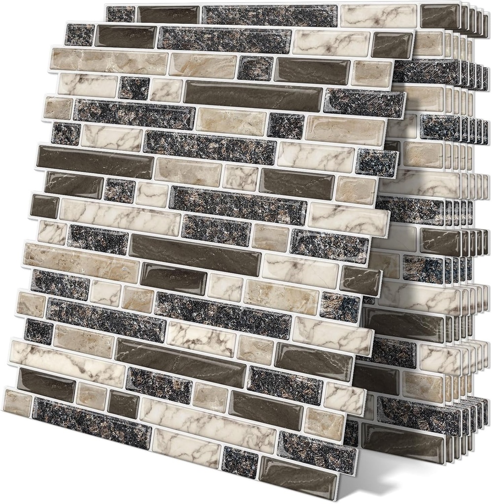 Thick Peel and Stick Tile Backsplash 12"x12" Self Adhesive Marble Tiles for Kitchen and Bathroom Wall (10-Sheet,Brown)