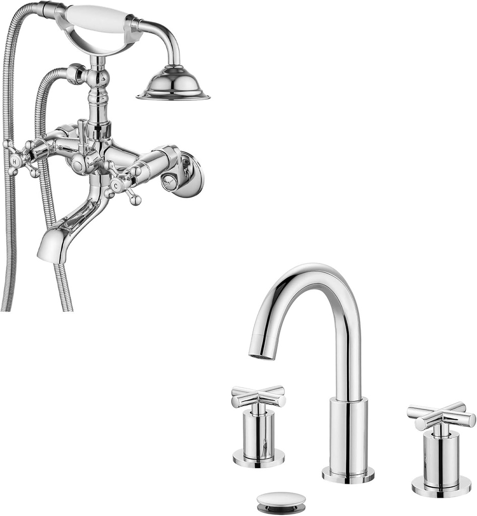 gotonovo Vintage Wall Mount Clawfoot Tub Faucet 3-9Inch Adjustable Center Shower Faucet System with 3-Hole Widespread Bathroom Faucet Double Cross Handle Mixer Tap