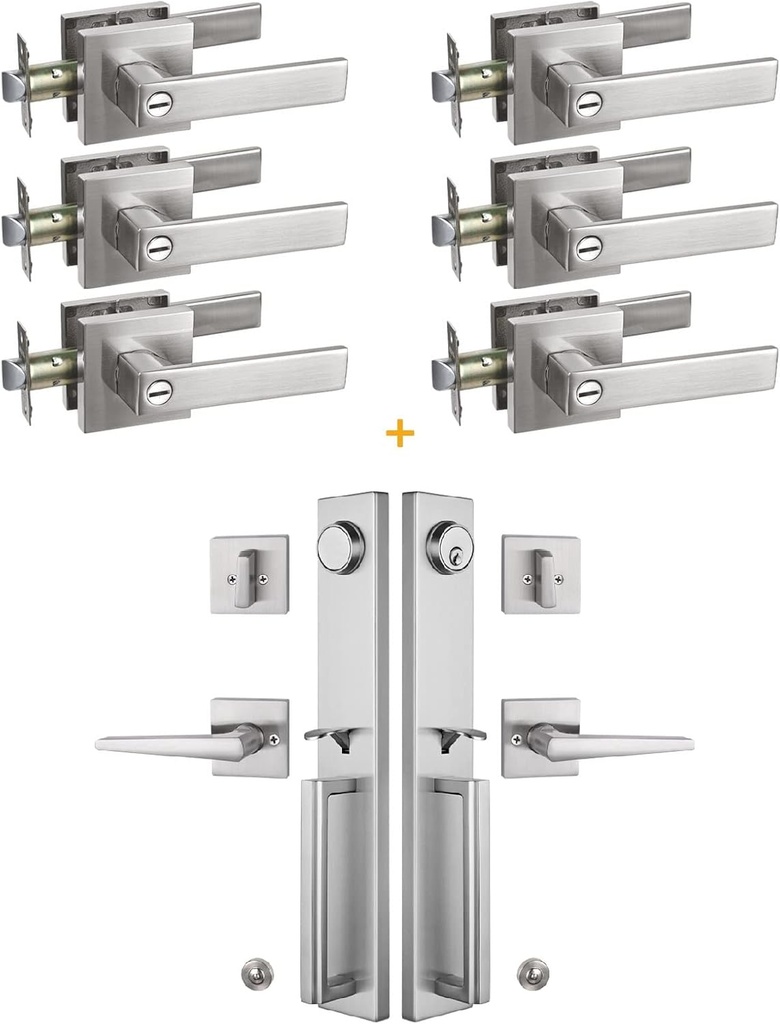 NEWBANG (Keyed and Dummy Double Door Handle Set + (6 Pack) Privacy Door Lever in Brushed Nickel