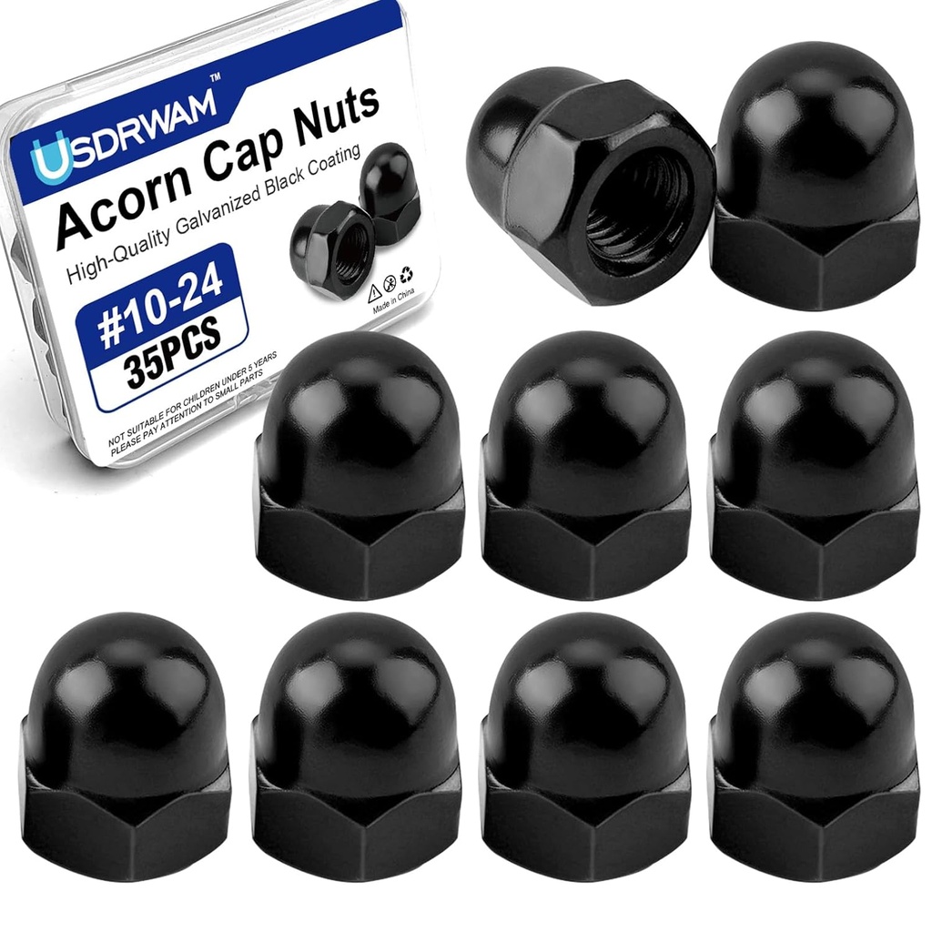 35Pcs #10-24 Acorn Cap Nuts, Zinc Plating-Black Hex Head Acorn Cap Nuts, Stainless Steel 18-8 (304) Hexagon Dome for Indoor Outdoor